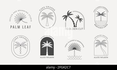 Logos linéaires bohémien avec palmiers, plage, paysages océaniques, icônes et symboles, modèles de design solaire, éléments de conception abstrait géométrique en terre cuite pour Illustration de Vecteur