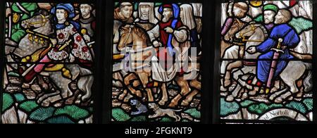 Une fenêtre en vitraux de F. H. Spear représentant des scènes des Canterbury Tales, église de St Andrew, Holt, Norfolk Banque D'Images