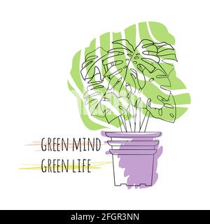 Illustration de boho minimaliste de citation vert esprit vie verte avec la ligne noire art pot maison plante monstère et formes abstraites arrière-plan Illustration de Vecteur