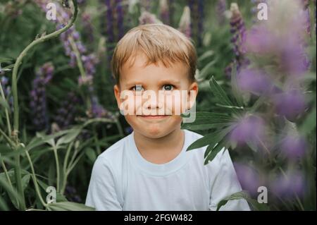 portrait d'un adorable petit garçon de quatre ans heureux garçon aux fleurs lupins de fleur dans un champ de nature extérieur Banque D'Images