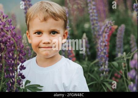 portrait d'un adorable petit garçon de quatre ans heureux garçon aux fleurs lupins de fleur dans un champ de nature extérieur Banque D'Images