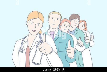 Concept de santé, d'hôpital et de médecine. Jeune équipe ou groupe de médecins professionnel personnel médical mondial praticien. Illustration de Vecteur