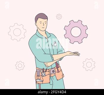 Concept de réparation, de construction, de construction et d'entretien. Le carrossier-constructeur ou le travailleur manuel de l'atelier de montage de la roue dentée. Illustration vectorielle plate Illustration de Vecteur