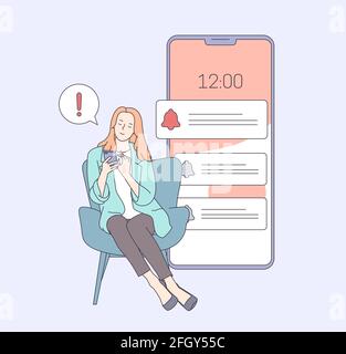 Femme submergée par le concept de notifications Internet. Femme planifiant un rendez-vous de jour dans l'application téléphonique. Illustration vectorielle plate. Illustration de Vecteur