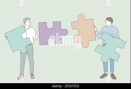 Travail d'équipe, travail ensemble. Équipe d'hommes d'affaires partenaires collègues collectent des puzzles de trouver la solution ensemble. Illustration de Vecteur