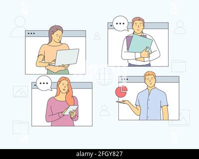 Concept de réunion en ligne, de conférence virtuelle et d'appel vidéo. Personnes partenaires réunions membres prenant part à la réunion d'affaires en ligne et à distance Illustration de Vecteur