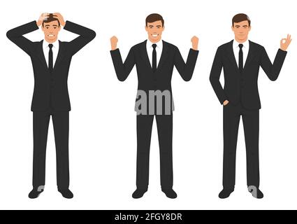 illustration vectorielle des expressions d'un personnage d'homme avec le geste des mains, homme d'affaires de dessin animé avec différentes émotions Illustration de Vecteur