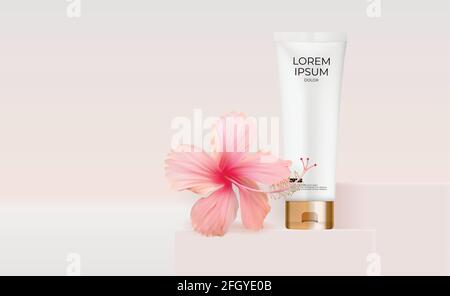 3D Realistic Cream tube avec hibiscus fleur pour la mode Cosmetics produit pour les annonces, bannière ou magazine fond. Illustration vectorielle Illustration de Vecteur
