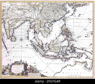 Carte d'époque des Indes orientales de Visscher, dessinée à la main, datant du XVIIe siècle. Toutes les cartes sont magnifiquement colorées et illustrées montrant le monde connu en ce moment. Banque D'Images