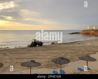 Alicante, Espagne - Alicante, 2021: Tracteur nettoyant la plage de la mer des algues au lever du soleil tôt le matin Banque D'Images