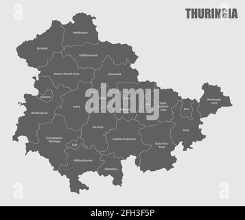 L'État de Thuringe, carte isolée divisée en districts avec des étiquettes, Allemagne Illustration de Vecteur