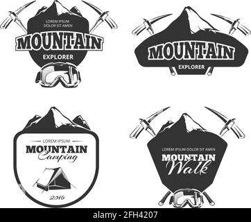 Camping de montagne vintage, emblèmes vectoriels d'alpinisme, étiquettes, badges, logos ensemble. Logo aventure montagne, emblème randonnée montagne, badge montagne expl Illustration de Vecteur