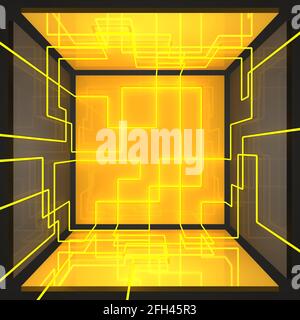 Caisson lumineux symétrique avec murs jaune et gris. Lignes figurées de néon jaune vif et riche. illustration 3d. Banque D'Images