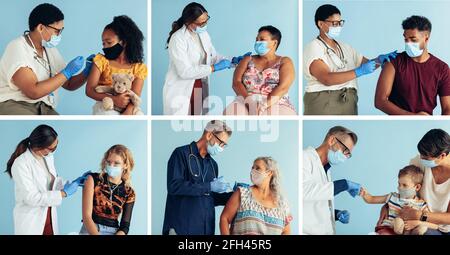 Montage d'un vaccin contre le covid. Image composite de diverses personnes recevant la vaccination contre le coronavirus des travailleurs de première ligne. Tous les modèles portent des Banque D'Images