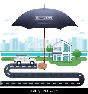 Agent tenant un parapluie au-dessus de la maison et de la voiture. Illustration du vecteur de concept de protection par parapluie d'assurance de biens. Voiture et maison sous parapluie Illustration de Vecteur