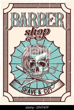 Style barbershop affiche vintage avec illustration du crâne, du rasoir et des ciseaux Illustration de Vecteur