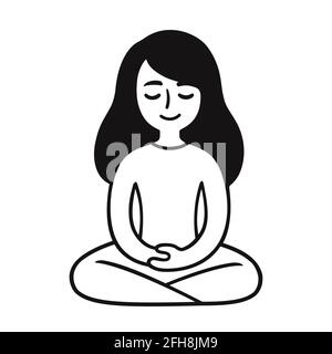 Jeune femme assise dans la méditation. Adorable petite fille. Dessin simple en noir et blanc, illustration vectorielle. Illustration de Vecteur