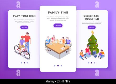 Série isométrique de fêtes de famille de trois bannières verticales avec page boutons de commutation texte modifiable et illustration vectorielle des images Illustration de Vecteur