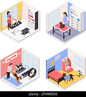 PET services concept 4 compositions isométriques avec toilettage de salle de gym de chien illustration vectorielle de centre de soins de jour vétérinaire de salon Illustration de Vecteur