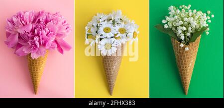Collage de cône de crème glacée avec des fleurs sur fond coloré. Concept de fleurs de printemps ou d'été. Banque D'Images