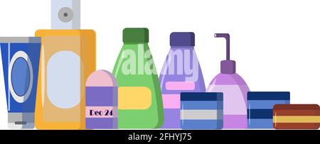 Tubes pour crèmes, bouteilles et bocaux pour soins quotidiens. Produits de beauté. Illustration de Vecteur