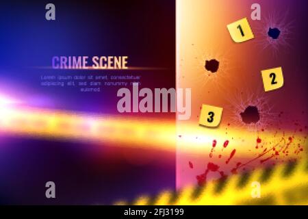 Composition policière de taches sanglantes réalistes et de balles numérotées trous sur fond flou avec illustration vectorielle de texte Illustration de Vecteur