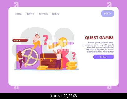 Quest jeu plat site Web conception page d'arrivée avec la composition de liens cliquables et illustration vectorielle de texte sur les images doodle Illustration de Vecteur