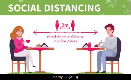 Des infographies de dessins animés avec des personnes maintenant la distance sociale dans le vecteur de café illustration Illustration de Vecteur