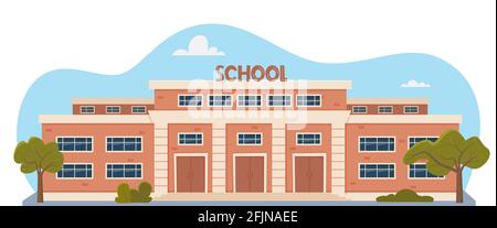 Extérieur moderne du bâtiment scolaire. Bienvenue à la rentrée des classes. Architecture éducative, façade de l'école secondaire avec de grandes fenêtres. Design pour prospectus Illustration de Vecteur