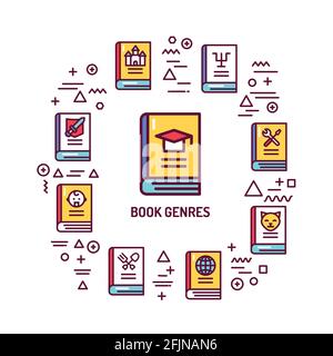 Bannière Web des genres de livres. Infographies avec icônes linéaires sur fond blanc. Concept d'idée créative. Illustration de couleur de contour isolée. Illustration de Vecteur