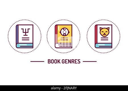 Genres de livres couleur ligne icônes concept. Illustration vectorielle. Illustration de Vecteur