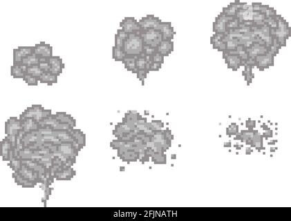 Images vectorielles d'animation de fumée pixel art pour la conception de jeux. Fumée de jeu de pixels, fumée de pixel de nuage, illustration de fumée de pixel d'animation vidéo Illustration de Vecteur