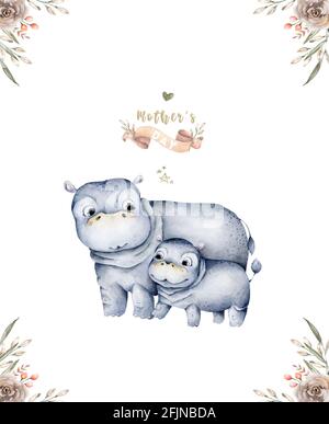 Aquarelle dessin animé mignon avec mignonne mignonne hippo et feuilles de fleur de bébé. Motif d'illustration pour mère et bébé. Maman tropicale Banque D'Images