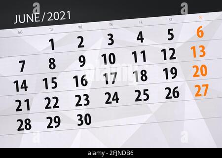 Calendrier du mois de juin 2021, date limite. Banque D'Images