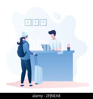 Voyageur féminin avec sac à dos et valise et réceptionniste lieu de travail, intérieur de la réception, processus d'enregistrement, illustration vectorielle de style tendance Illustration de Vecteur
