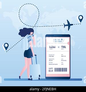 Femme avec sac à dos, valise et smartphone, grand smartphone avec carte d'embarquement, enregistrement en ligne, style simple tendance, illustration vectorielle plate Illustration de Vecteur