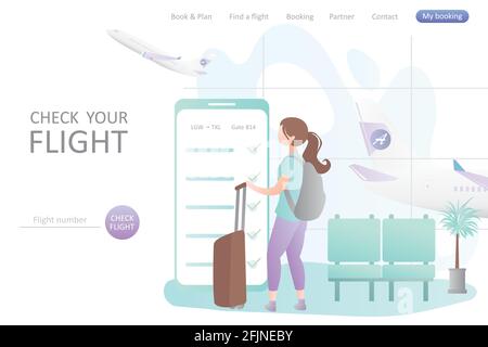 Taille basse femme avec sac à dos et valise, grand smartphone avec enregistrement en ligne à l'écran, intérieur de l'aéroport avec meubles et personnage de voyageur de fille,t Illustration de Vecteur