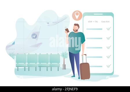 Hipster mâle avec valise et billets, grand smartphone avec enregistrement en ligne sur l'écran, l'intérieur de l'aéroport avec meubles, caractère voyageur, voyage back gr Illustration de Vecteur