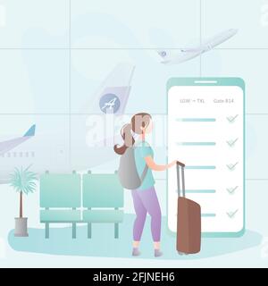 Taille basse femme avec sac à dos et valise, grand smartphone avec enregistrement en ligne à l'écran, intérieur de l'aéroport avec meubles et personnage de voyageur de fille,t Illustration de Vecteur