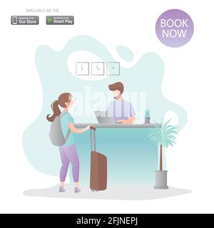 Voyageur féminin avec sac à dos et valise et réceptionniste lieu de travail, intérieur de la réception, processus d'enregistrement, modèle de page web, décor tendance Illustration de Vecteur