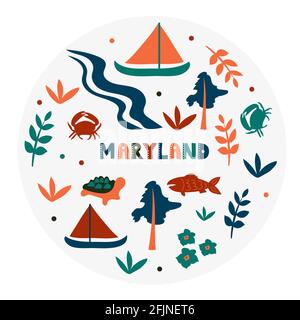 Collection USA. Illustration vectorielle du thème du Maryland. Symboles d'état Illustration de Vecteur