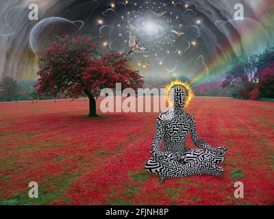 L'homme médite dans la pose de lotus dans un paysage surréaliste. Anges dans le ciel. Rendu 3D Banque D'Images