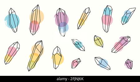 Ensemble de cristaux de guérison vectoriels de couleur magique. Dessin au trait et aquarelles. Illustration de Vecteur