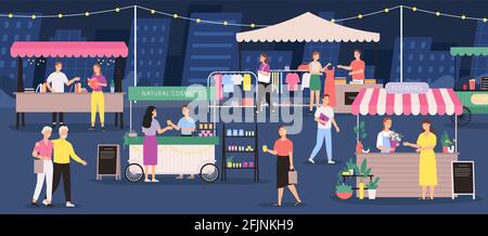 Marché de nuit. Les gens se sont mis à la foire extérieure en été. Boutique de festival de rue, stand, fleur, vêtements et boutique de cosmétiques d'artisanat. Bannière vecteur d'événement de ville Illustration de Vecteur