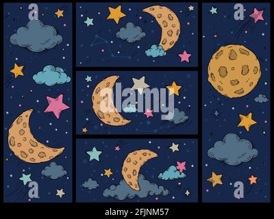 Ciel nocturne animé. Imprimé dessiné à la main avec étoiles, lune et nuages. Modèle d'espace puéril pour dormir avec galaxie étoilée, fonds vectoriels Illustration de Vecteur