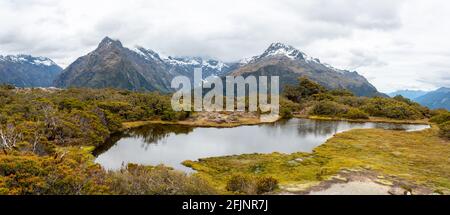 Vue panoramique sur les Alpes du Sud à Key Summit, parc national Fiordland, île du Sud de la Nouvelle-Zélande Banque D'Images