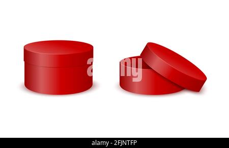 Maquette de boîtes en carton rondes rouges. Ensembles de cylindres fermés et ouverts isolés sur fond blanc. Contenants pour cadeaux, chapeau, cosmétiques, biscuits. Illustration vectorielle réaliste. Illustration de Vecteur