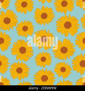 Motif vectoriel sans couture de tournesols jaunes sur fond turquoise clair. Imprimé décoratif pour le papier peint, l'emballage, le textile, le tissu de mode ou d'autres couvertures imprimables. Illustration de Vecteur