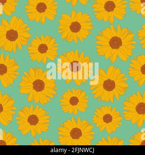 Motif sans couture de tournesols jaunes sur fond turquoise. Imprimé décoratif pour le papier peint, l'emballage, le textile, le tissu de mode ou d'autres couvertures imprimables. Art numérique, graphiques vectoriels Illustration de Vecteur