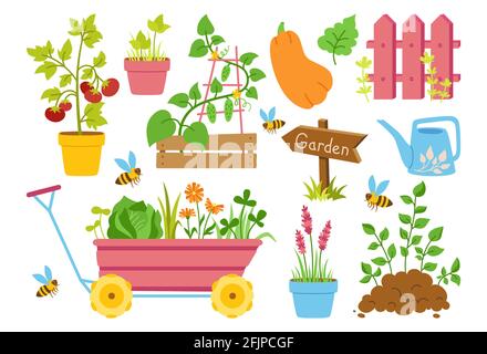 Ensemble de dessins animés d'outils de jardinage. Clôture, semis de légumes et pointeur en bois de caoutchouc. Outil de travail pour l'agriculture. Illustration vectorielle de ferme dessinée à la main Illustration de Vecteur